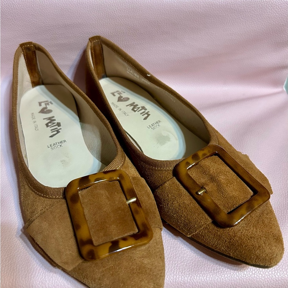 Le Matin Suede Pointed-Toe Flats with Tortoiseshell Buckle - Brown